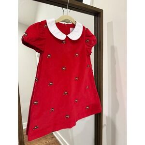 Classic Prep Red Corduroy Car Tree Embroidered Peter Pan Collar Dress Size 5